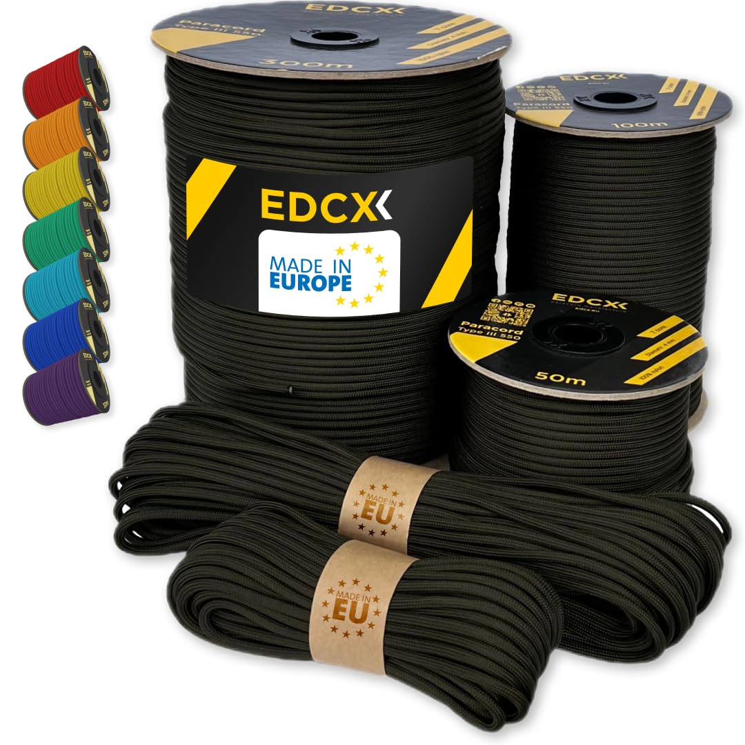 EdcX Paracord 4mm, 35+ Solid Colors (10m, 15m, 30m, 50m, 100m, 300m) | Ideal for Crafting, DIY, Camping, Survival, Outdoor | 100% Nylon Rope 4mm | Tactical Cord 550 Type III (Army Green, 300 m)