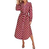 Womens Floral Long Sleeve Button Down Midi Dress Spring 2026 Casual V Neck Tie Waist Boho Flowy Long Dresses