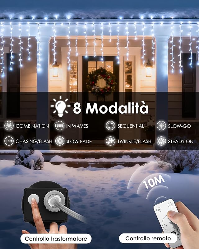 Luci di Natale da Esterno Cascata 10m 400led Bianco Freddo, Tenda Luminosa con RF Telecomando, 8 Modalità + 4 Luminosità + Timer, Luci Led Natale per Balcone Terrazza Giardino — foto 4 di 7