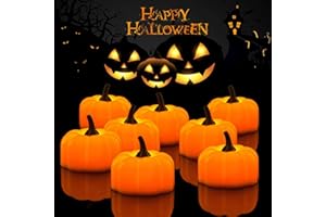 BEICHI Halloween 12 Pack LED Pumpkin Lights, Jack-O'-Lantern, Small Orange Flickering Tea Lights, for Halloween, Fall Festival Decorations