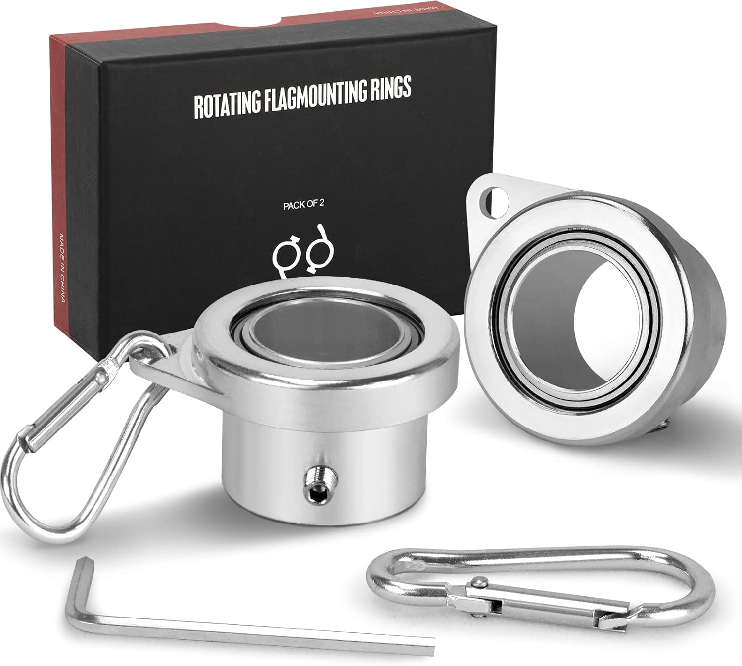 Flagpole Hardware - FLAG WIN Aluminum Alloy Flagpole Ring Set with Bearings 2 Pack, Anti Wrap 360°Rotating Flag Mounting Ring Spinning Flag Pole Kit with Carabiner for 0.71-1.00 Inch Diameter Flagpole(Silver)