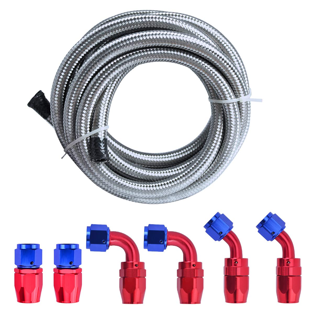 Photo 1 of 12FT 6AN 3/8 Fuel Line Hose Braided Stainless Steel w/6pcs AN6 Hose Fitting Kit