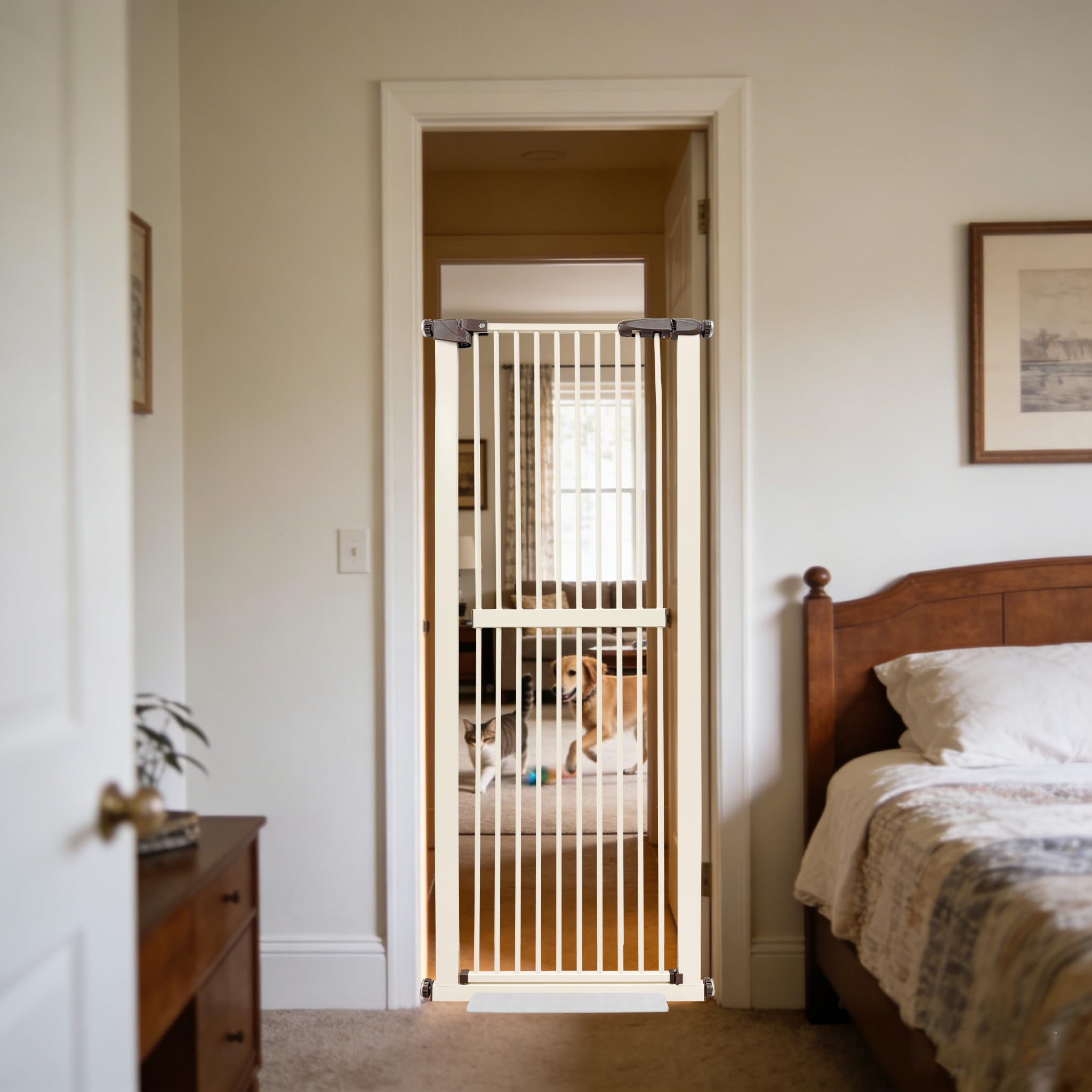 Photo 1 of Lumizone Extra Tall Cat Gate 61.02" High Pressure Mounted Extra Wide 26.38"-30.11" (17Sizes) 1.37" Gap No Drilling Auto-Close Tall Pet Gate for Dogs (Cream, 26.38"-30.11" W)