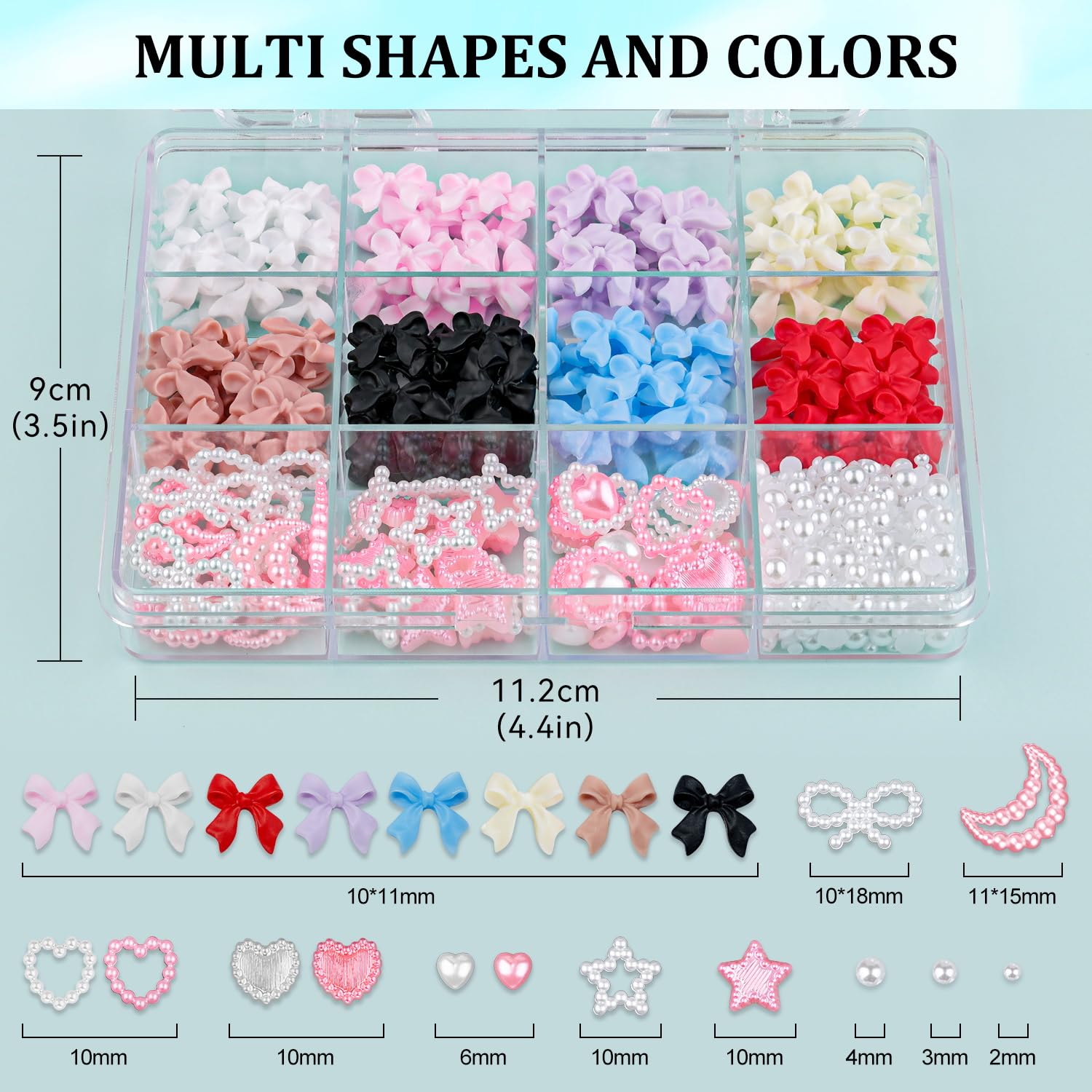 600 Pcs 3D Nail Charms and Flatback Pearls Set 1, 8 Colors Nail Bows Charm + Pink&White Star Heart Moon Cute Nail Jewels + 2-4mm White Nail Pearls for Nail Art DIY Decoration with Pickup Tools - Image 2