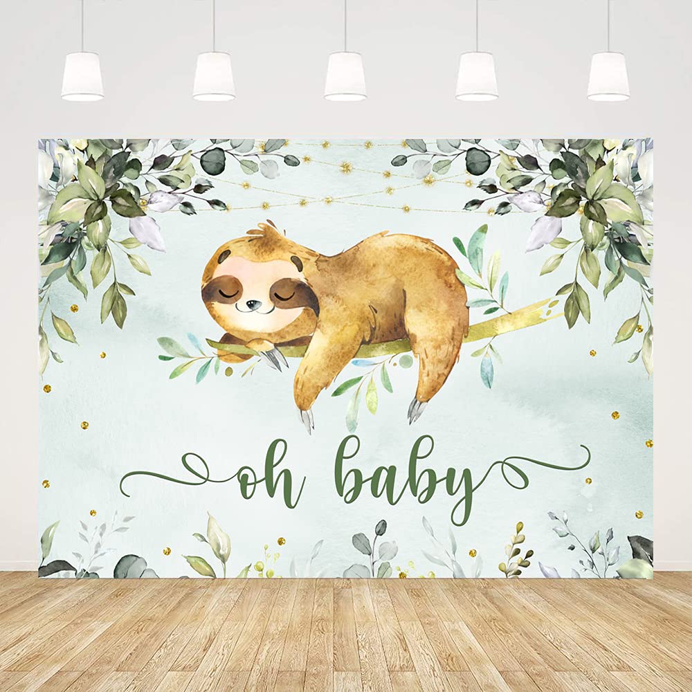 Photo 1 of Ticuenicoa 5x3ft Sloth Baby Shower Backdrop Oh Baby Backdrops for Babyshower Party Green Leaves Jungle Animals Photo Background for Photography Kids Birthday Cake Table Decoration Gender Reveal Favors