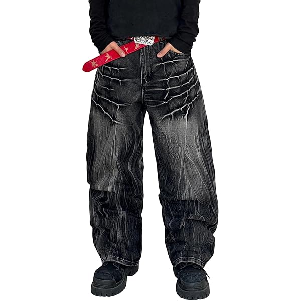 Ethbox Y2K Jeans Gothic Multi Pocket Loose Wide Leg Workwear Long