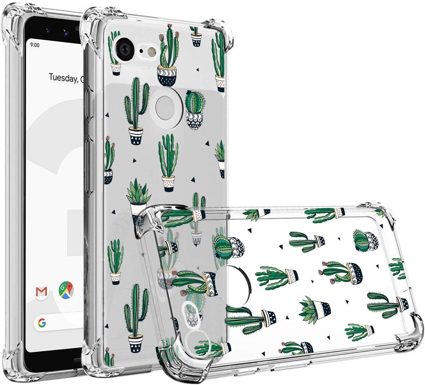 RXKEJI Google Pixel 3a XL Case Clear Cute Girls Floral Design TPU Soft Slim Flexible Silicone Cover Phone Case for Google Pixel 3a XL (2019) - Cactus Green