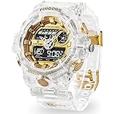 PINIDOUS Mens Watch for Men Digital Sport Watch Transparent Gold Watches Waterproof Watches with 3 Alarms/Countdown/Stopwatch/Digital-Analog/Dual Time/Light/Military Multifunctional Wrist Watch