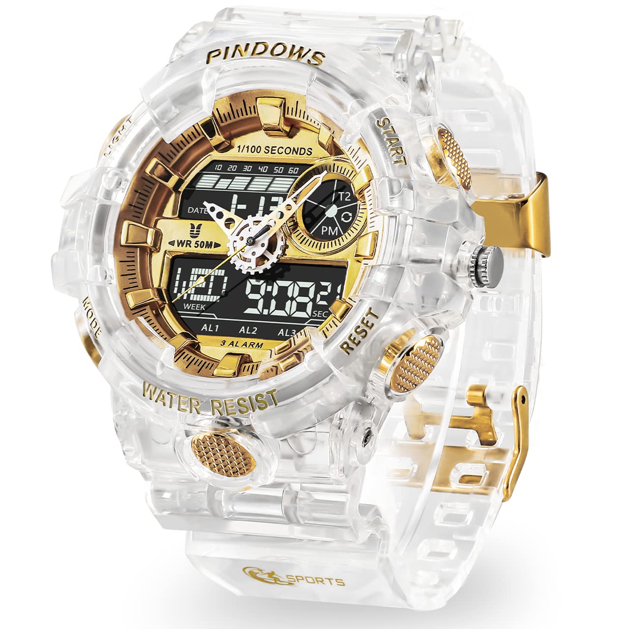 Mens Watch for Men Digital Sport Watch Transparent Gold Watches Waterproof Watches with 3 Alarms/Countdown/Stopwatch/Digital-Analog/Dual Time/Light/Military Multifunctional Wrist Watch