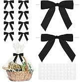 TIESOME 70 Pack Black Twist Tie Bows, 2.7" Satin Ribbon Black Bow Decor with 50 Self-Adhesive Dots for Gift Wrapping Crafts Cake Decorating Pre-Tied Treat Bows for Wedding Birthday Party Decorations
