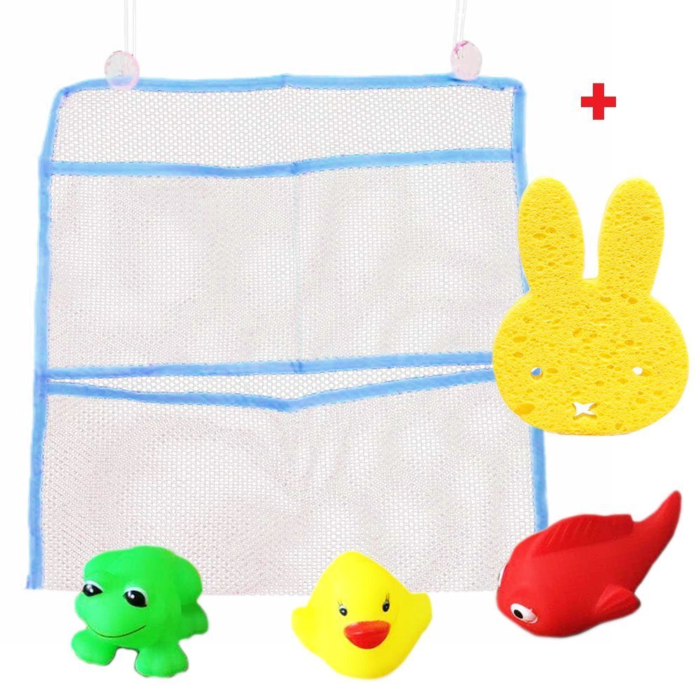 Bath Toy Organizer + 3 Bath Toys + Random Color Sponge For