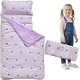 Toddler Nap Mat with Pillow and Blanket,Purple Heart Slumber Bags for Girls,Ultra Soft Kids Sleeping Bags with Roll Up Design,Perfect for Preschool,Daycare,Kindergarten-Purple