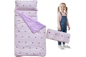 DUSHOW Toddler Nap Mat with Pillow and Blanket,Purple Heart Slumber Bags for Girls,Ultra Soft Kids Sleeping Bags with Roll Up Design,Perfect for Preschool,Daycare,Kindergarten-Purple