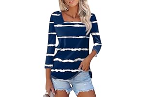 ROKIACDE 3/4 Length Sleeve Womens Tops,Basic Striped Tshirts Shirts Summer 2024 Gym Blouse Plus Size Athletic Tunic Top