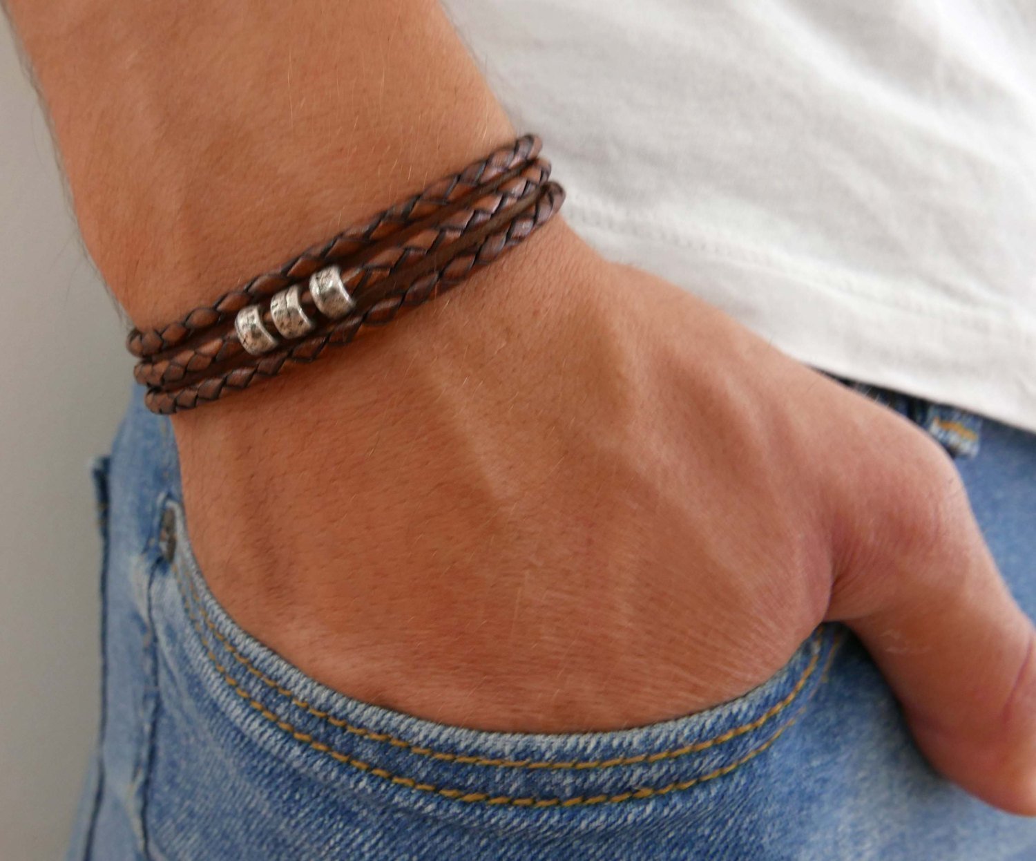 Handmade Wrap Brown Genuine Leather Bracelet For Men Set With 3 Silver