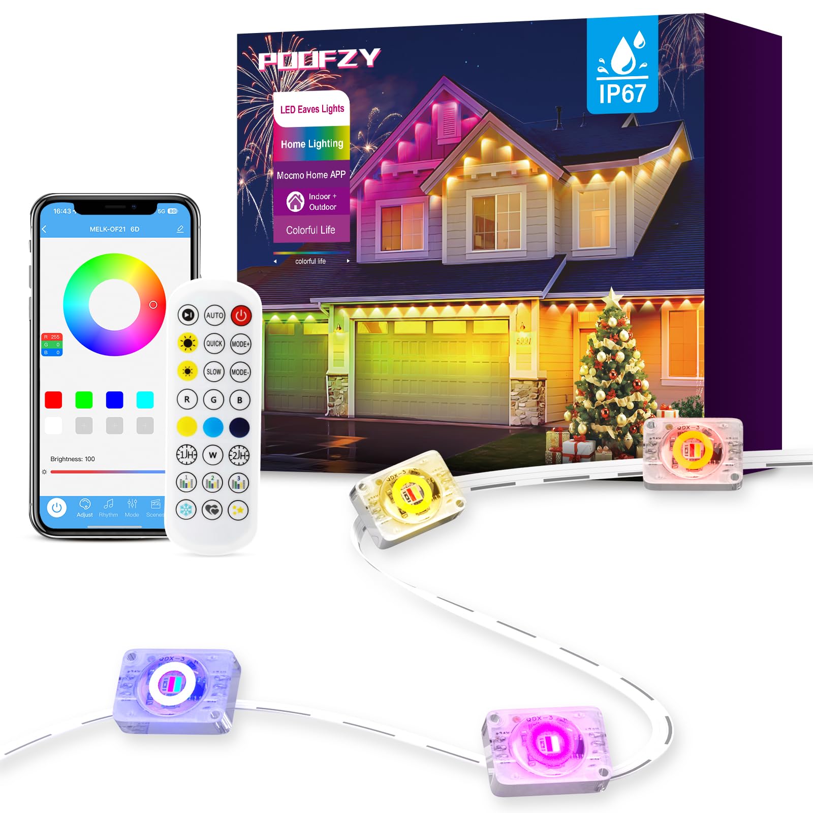 Photo 1 of POOFZY Permanent Outdoor Lights for House, 200ft RGB+IC Smart Outdoor Decor, 50 Scene Modes, App/Remote Control, IP68 Waterproof, for Christmas, Holiday, Daily & Pool Party Decor, House Roof Lighting