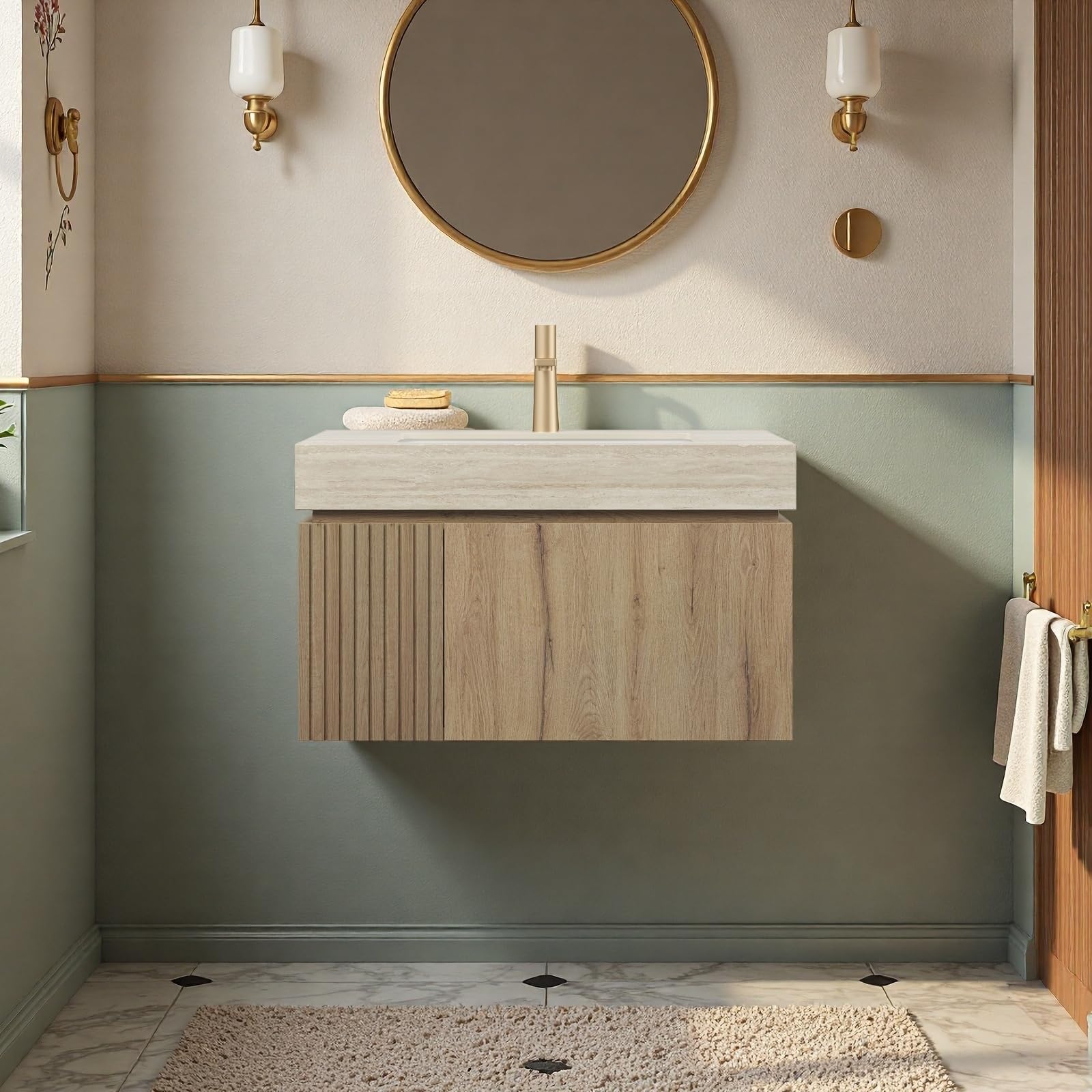 Photo 1 of Trygoal 30" Bathroom Vanity with Sink, Wall-Mounted Plywood Bathroom Storage Cabinet with Ceramic Basin & Sintered Stone Countertop, Modern Pre-Assembled Floating Vanity with Drawer & Door, Oak