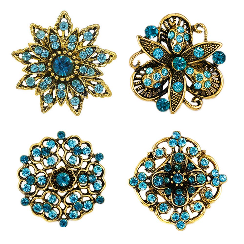 NA NanlouYue 4 Pcs Vintage Gold Blue Flower Brooch Rhinestone Brooch Pin Elegant Alloy Shawl Clip for Women Girls Wedding Party Accessories
