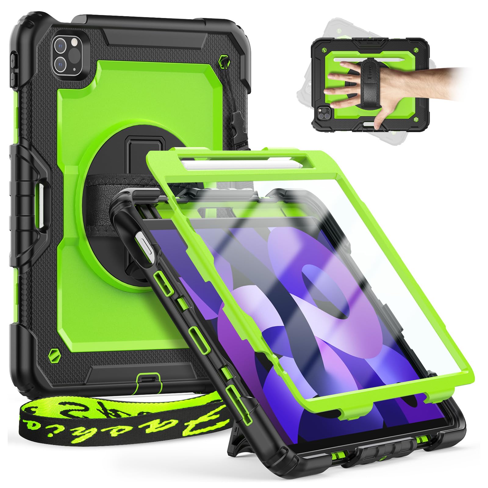 Timecity Case ONLY For iPad Air 5th Generation 2022/ iPad Air 4th Generation 2020, iPad air 10.9 inch case, Sturdy Protection Case with Screen Protector [360 Rotating Stand] Hand Strap, Yellow Green — image 1