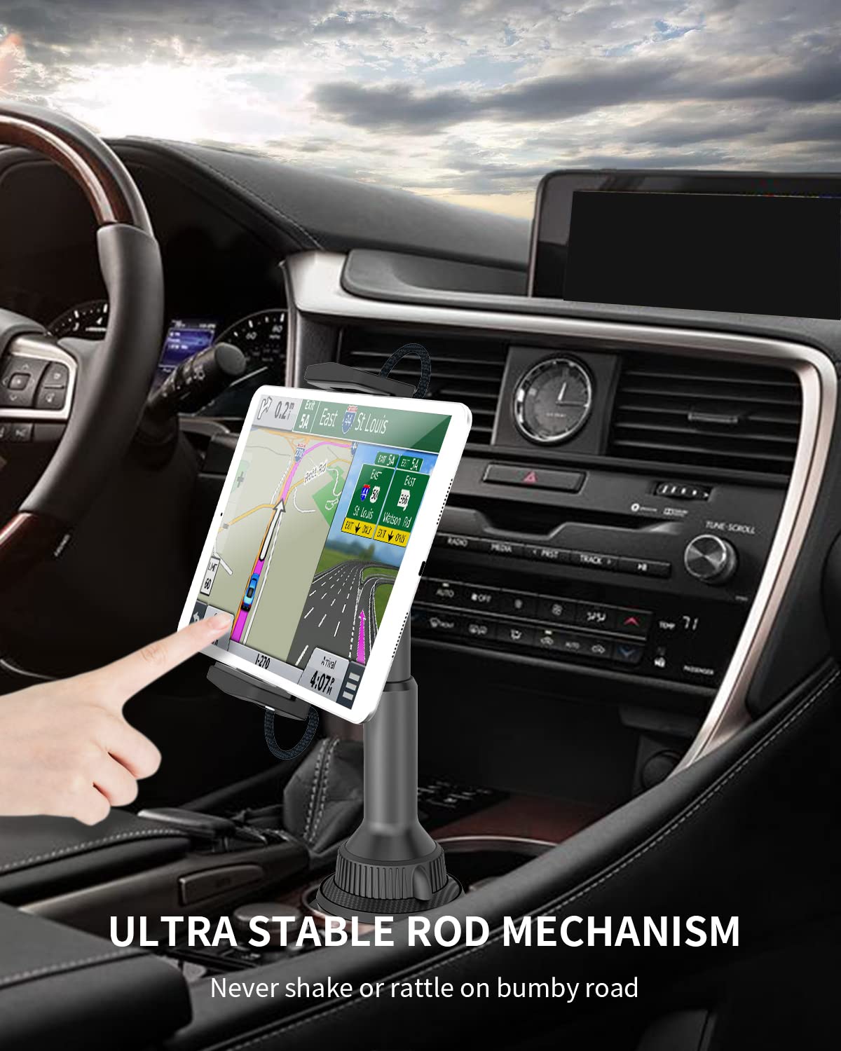 APPS2Car Solid Cup Holder Tablet Mount for Car, Adjustable Height iPad Car Mount for Truck Low Profile Road Trip Essentials Compatible with 4.7-13