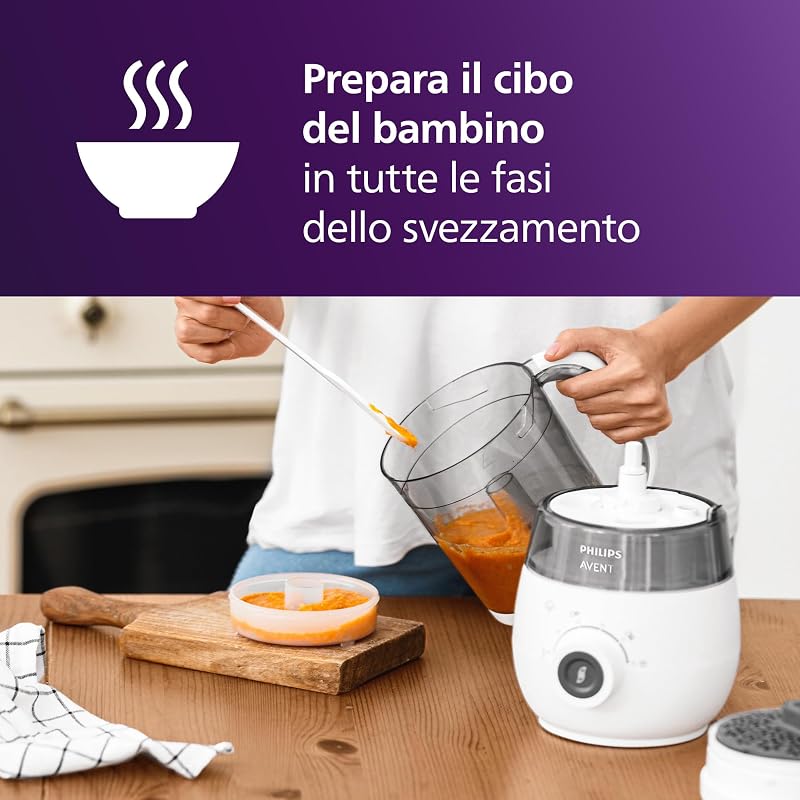 Philips Avent Steamer Blender Gift Set - EasyPappa 4 in 1, cuoci a vapore, frulla, scongela e riscalda facilmente le pappe, con vasetti e coperchi, SCF883/20