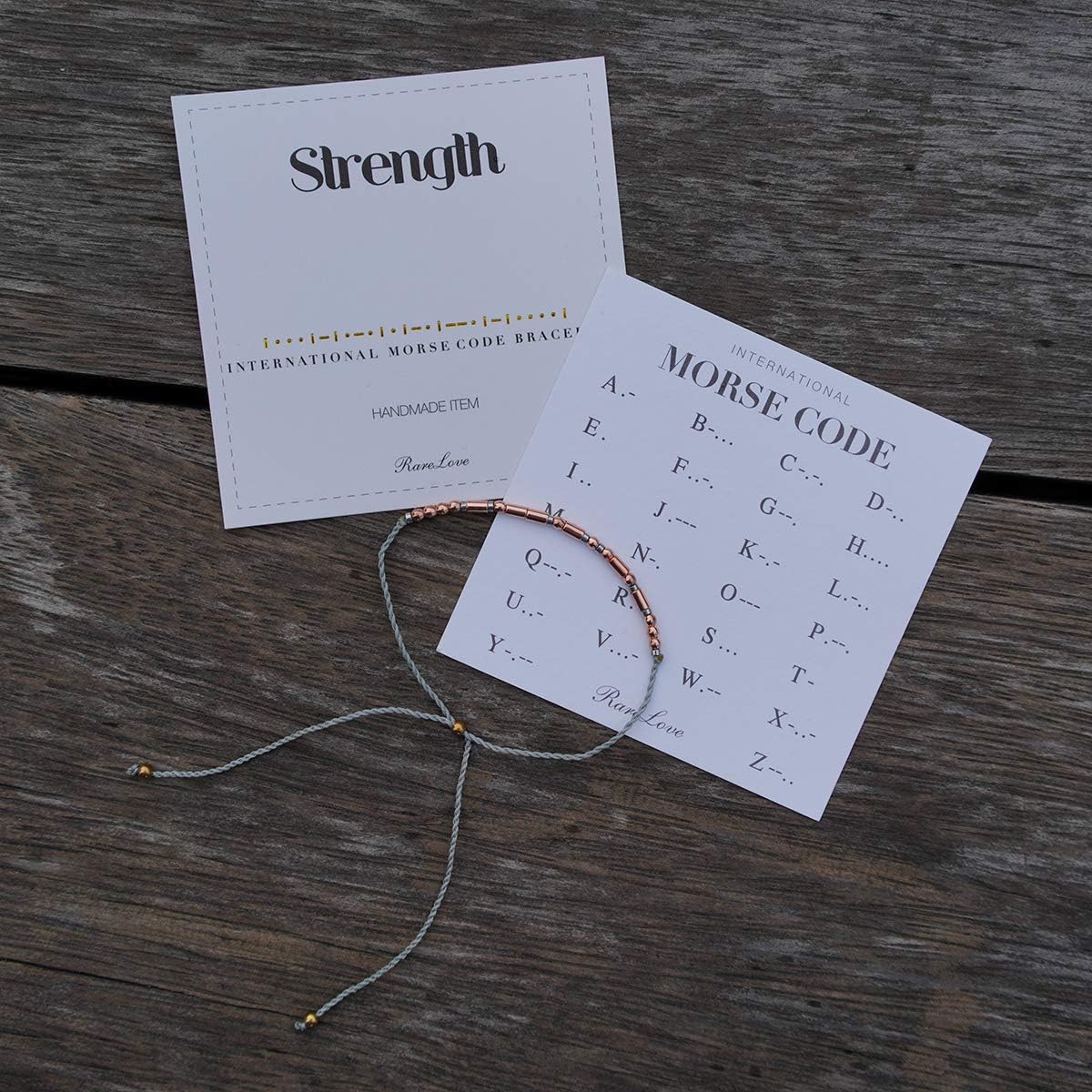 RareLove Strength Morse Code Bracelets Be Strong Inspirational Encouragement Friendship Gift For Women Girls Rose Golden Beads Grey String Bracelet: Clothing