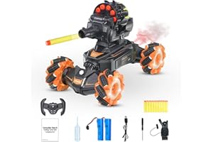 BOKSIYUR Rc Car Shoot SoftBullet,Fits for Nerf, Remote Control Hand Gesture Stunt Drift Truck, 360°Rotating Battle Tanks with Soft Bullets Water Bomb, Spray, Music, Led, Toy Gifts（Orange）