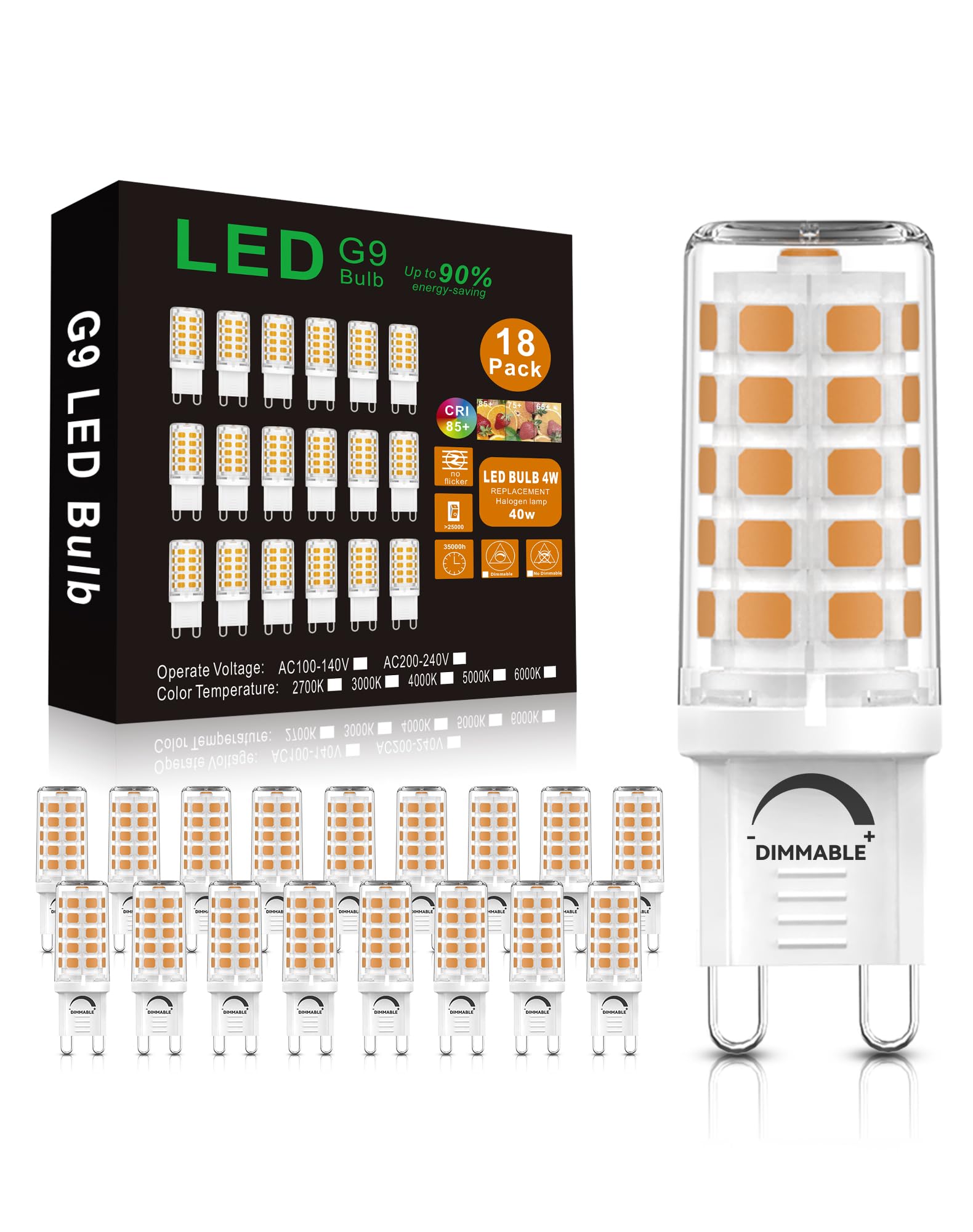 GOHDLAMP G9 LED Bulbs Dimmable, 40W Equivalent 120V, 2700K Soft White, 400 Lumens, G9 Light Bulbs for Chandelier, 18 Pack Image