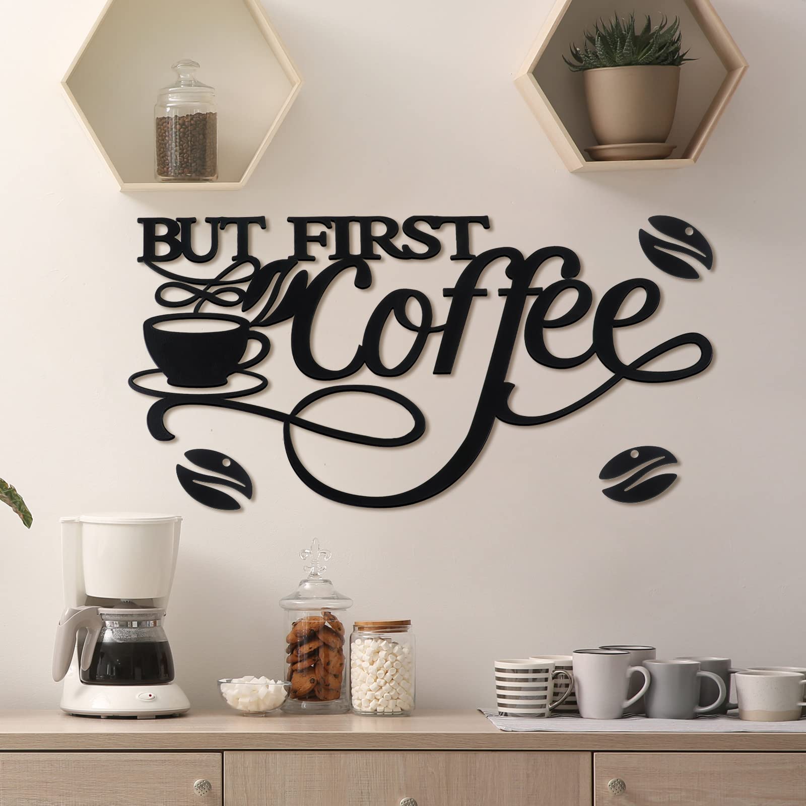 Photo 1 of Metal Coffee Bar Sign Rustic Hanging Coffee Wall Decor for Coffee Bar Metal Wall Art for Home Office Kitchen(But First Coffee)