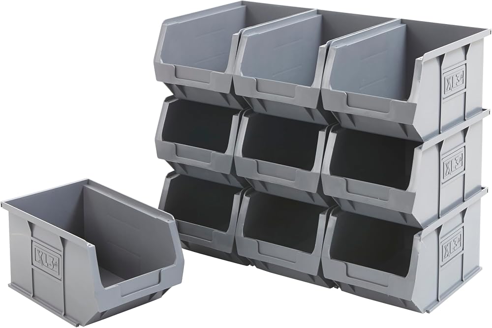 BiGDUG Plastic Parts Bins 10-Pack Stackable or Wall Mount Grey 125x150x240mm