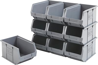 BiGDUG Plastic Parts Bins 10-Pack Stackable or Wall Mount Grey 125x150x240mm