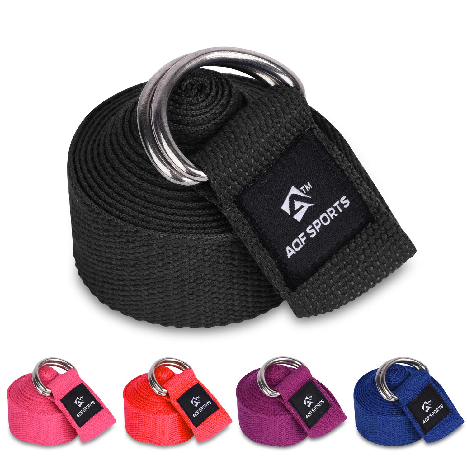AQF Yoga Strap 1.8M, 2.4M, 3M Soft Cotton Leg Stretcher with D-Ring Buckle Adjustable Fitness Belt for Leg Stretching & Body Stretch Band (Black, 2.4M)