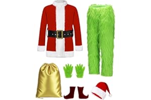 PAFIGA Christmas Costume Adult Men Santa Claus Outfit 7PCS Furry Green Giant Monster Professional Realistic Xmas Cosplay Suit