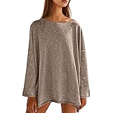 Tankaneo Womens Long Sleeve Shirts Oversized Lightweight Sweaters Crewneck Side Slit Hem Casual Blouse Tunic Tops