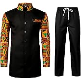 LucMatton Men's 2 Piece Outfits Long Sleeve Button Down African Dashiki Shirts and Pants Set Traditional Ethnic Suits