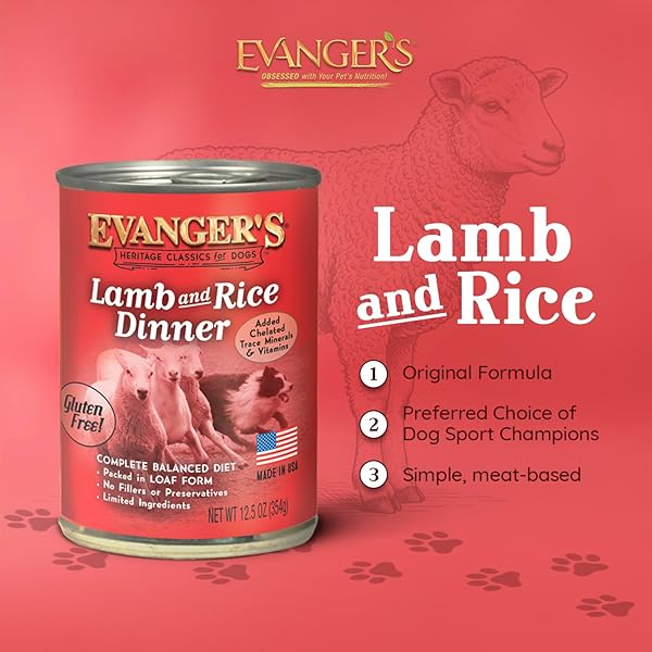 EVANGER’S HERITAGE CLASSIC LAMB & RICE DINNER DOG FOOD – 12 COUNT, 12.5 OZ EACH – GLUTEN & GRAIN FREE, COMPLETE BALANCED DIET FOR ALL LIFE STAGES – WET DOG FOOD