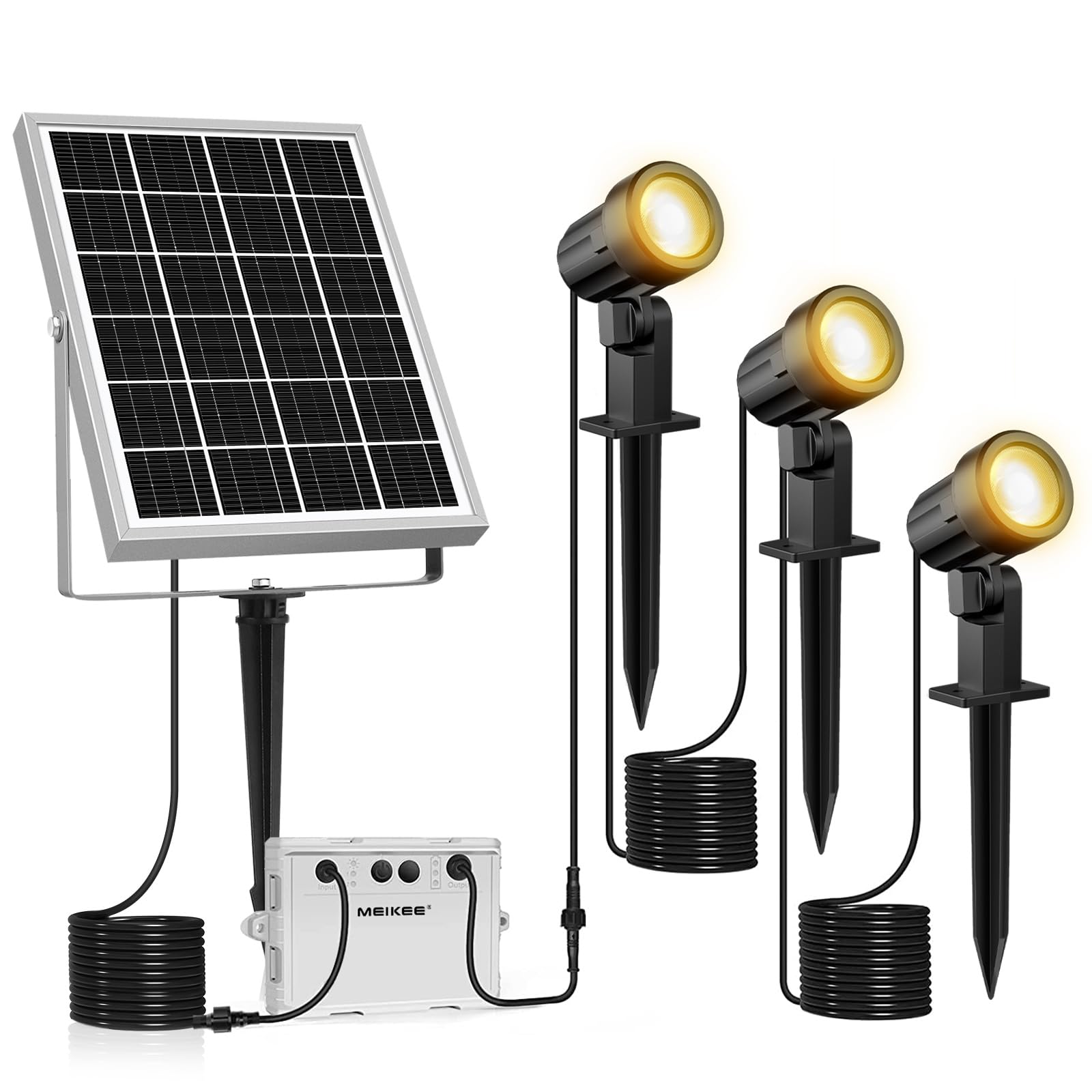 MEIKEE 3 in 1 Solar Spot Lights Outdoor Garden – Warm White 2700K Dimmable LED Lighting, IP66 Waterproof Spike Lights with Dusk to Dawn Auto On/Off, Breathing & Strobe Modes for Yard Lawn Trees Path