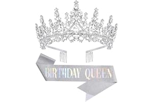 Papoopy Birthday Tiara Crown with Sash for Women, Headband Hair Accessories for Wedding Party Costume Silver