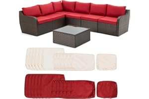 HOMREST 7 Piece Patio Furniture Set, PE Rattan Sectional Sofa, High Back Outdoor Furniture Set, Wicker Patio Conversation Set with Cushion and Glass Table for Garden, Backyard, Poolside(Khaki+Red)