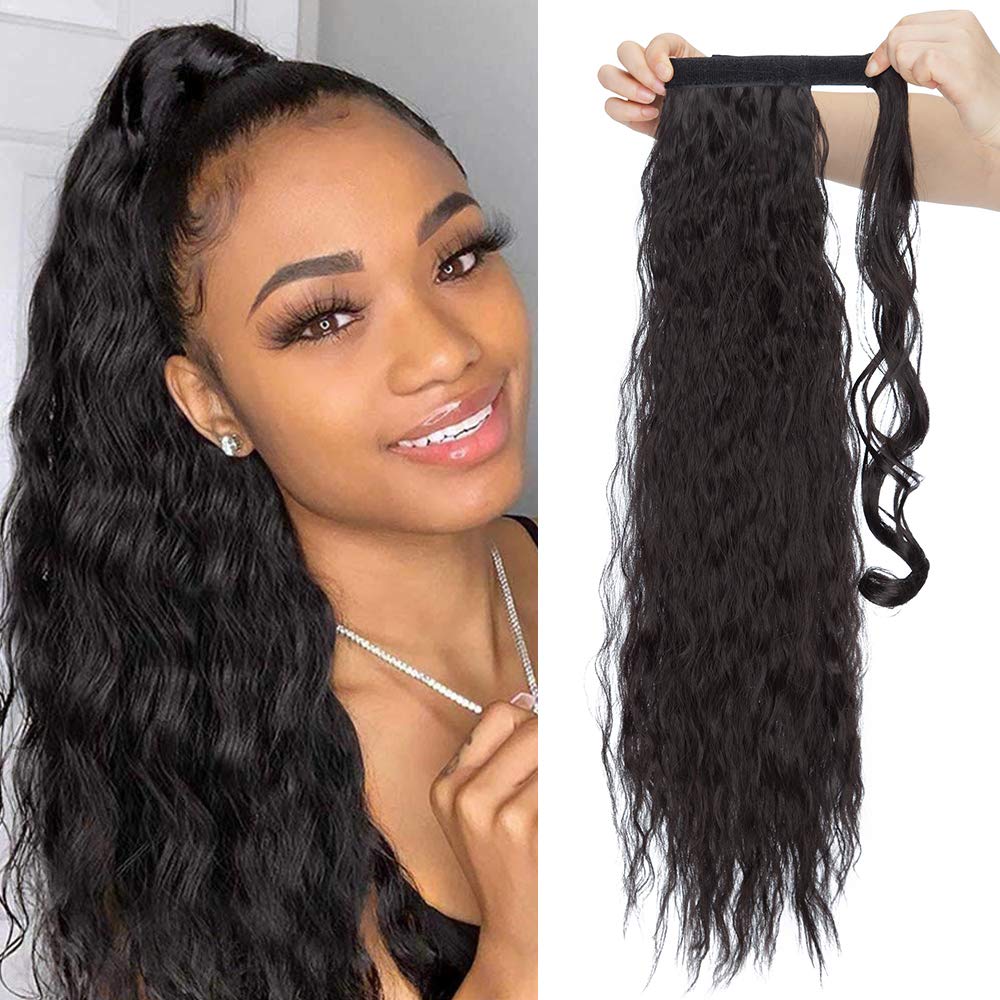 26 Inch One Piece Curly Wrap Around Ponytail Hair Extension - Synthetic Magic Yaki Corn Wave - Natural Black