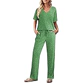 Ekouaer Women's 2 Piece Lounge Set Casual Summer Outfits Ribbed Short Sleeve & Wide Leg Pants Matching Set for Travel Home