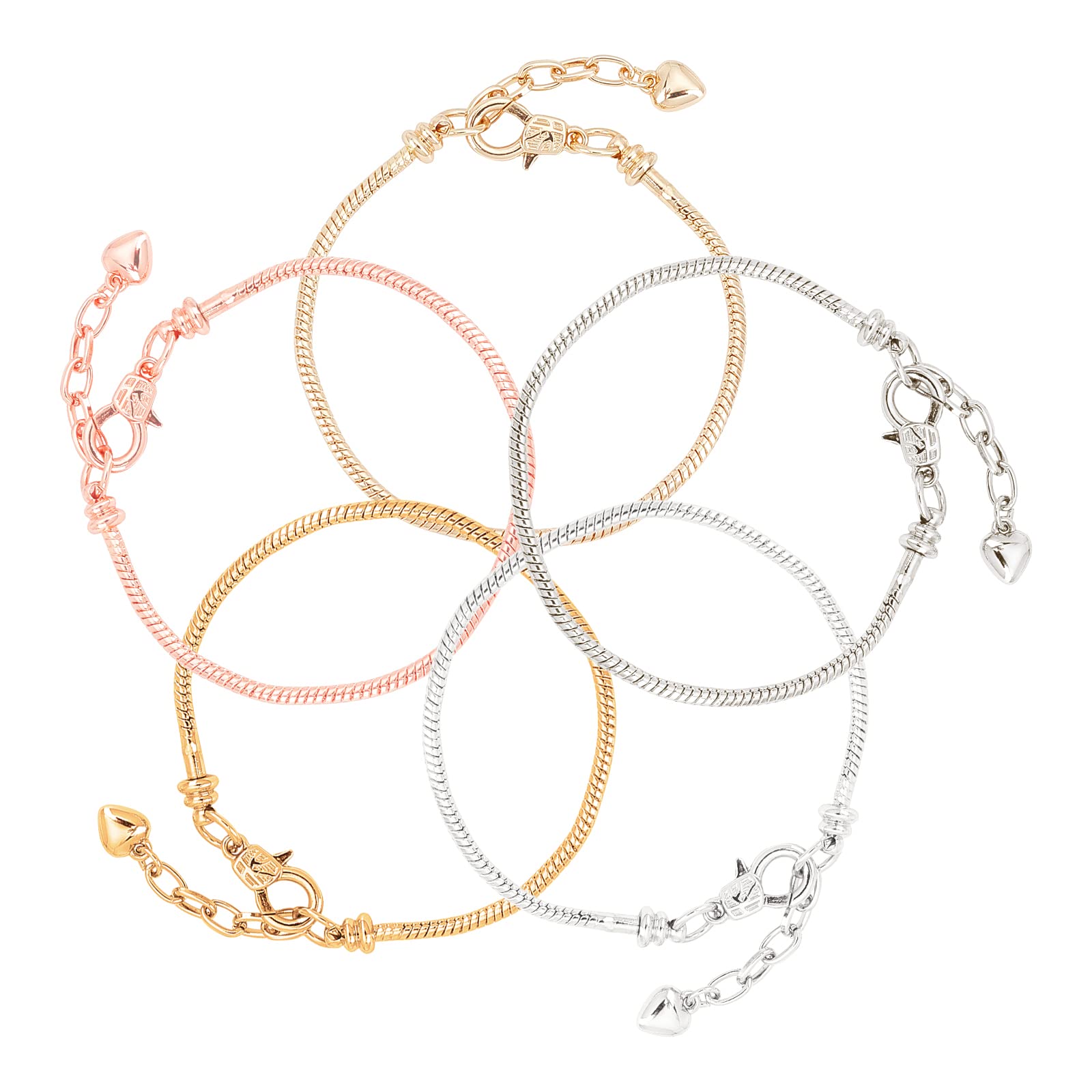 SUNNYCLUE 1 Box 10Pcs 5 Colors Snake Chain Bracelet Brass European Style Adjustable Snake Bracelet Chain Charm with Heart Lobster Clasp Extender for women DIY Jewellery Making Accessories