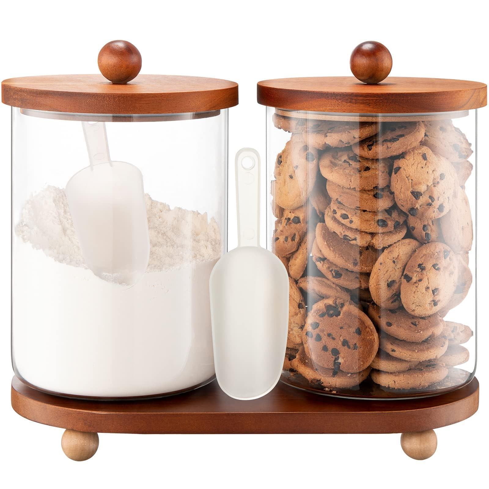 Photo 1 of Set of 2 101OZ Glass Jars with Airtight Lids Canister Sets for Kitchen Counter Flour Glass Storage Containers with Wooden Lid and a Tray for Kitchen or Laundry Room