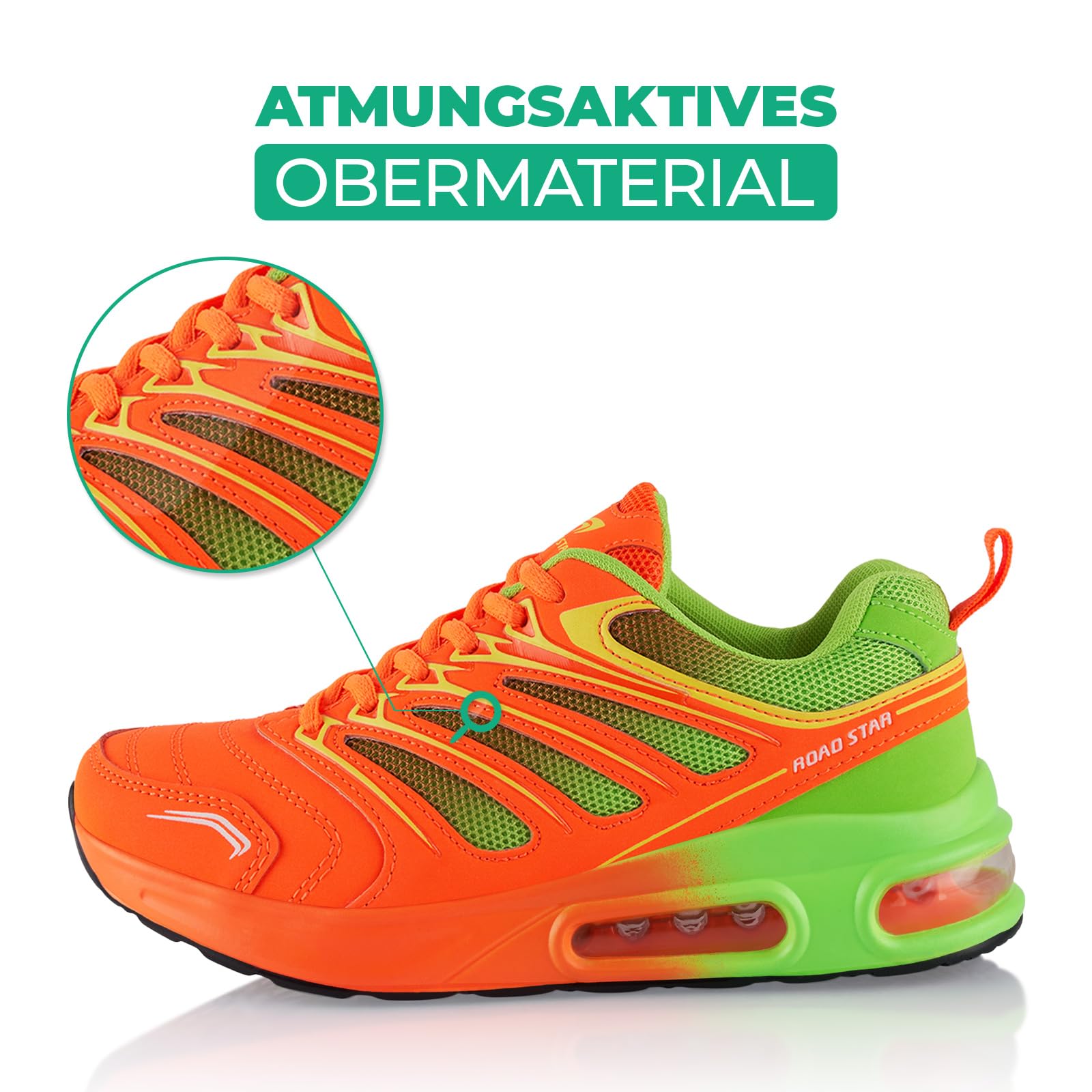 Fusskleidung® Damen Herren Sportschuhe Dämpfung Sneaker leichte Laufschuhe Orange Grün EU 36 2
