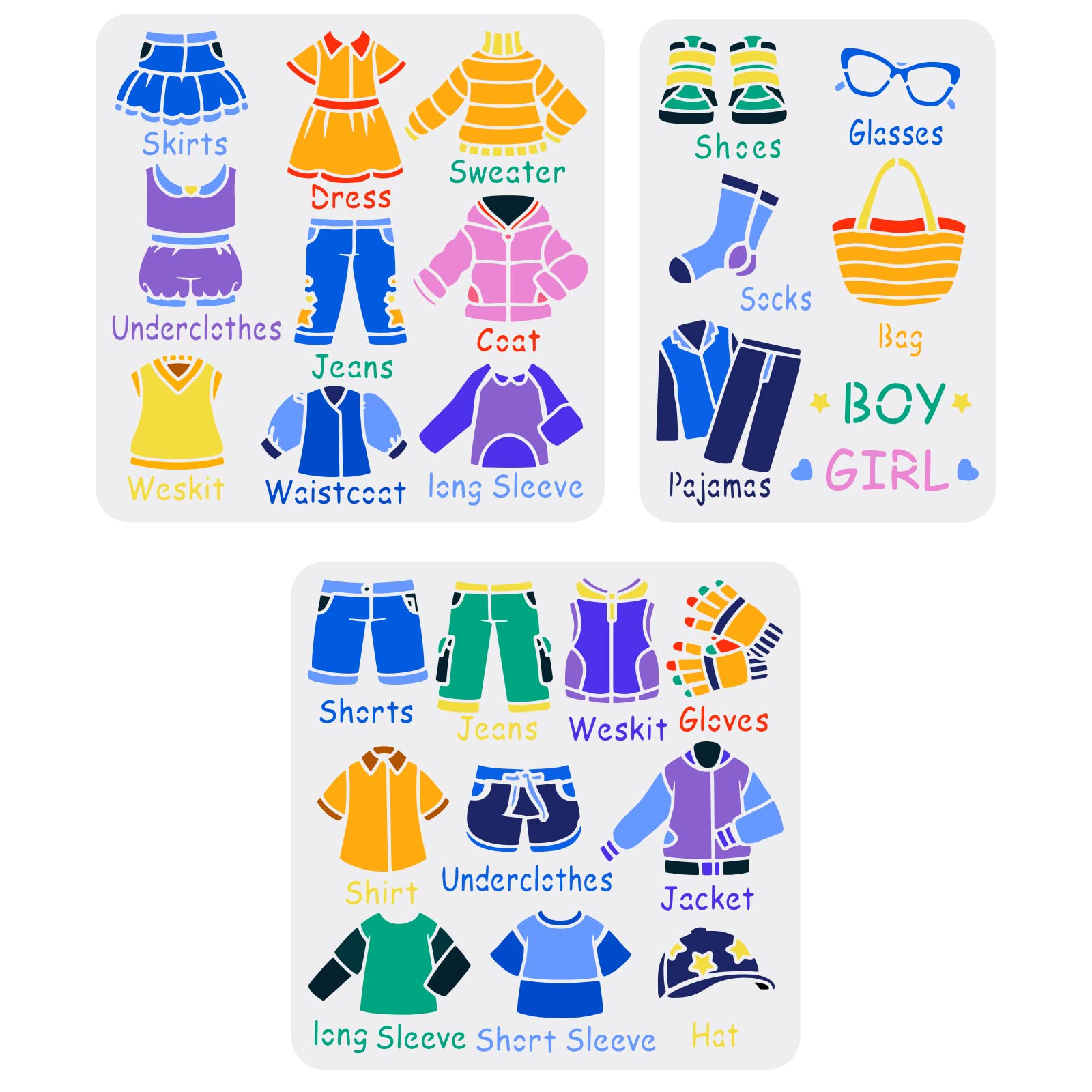 FINGERINSPIRE 3Pcs Clothes Pattern Stencils for Painting Reusable Costume Drawing Template Skirts Shirts Shoes Pattern Painting Stencils for DIY Crafts Home Decor Wardrobe Clothing Classification