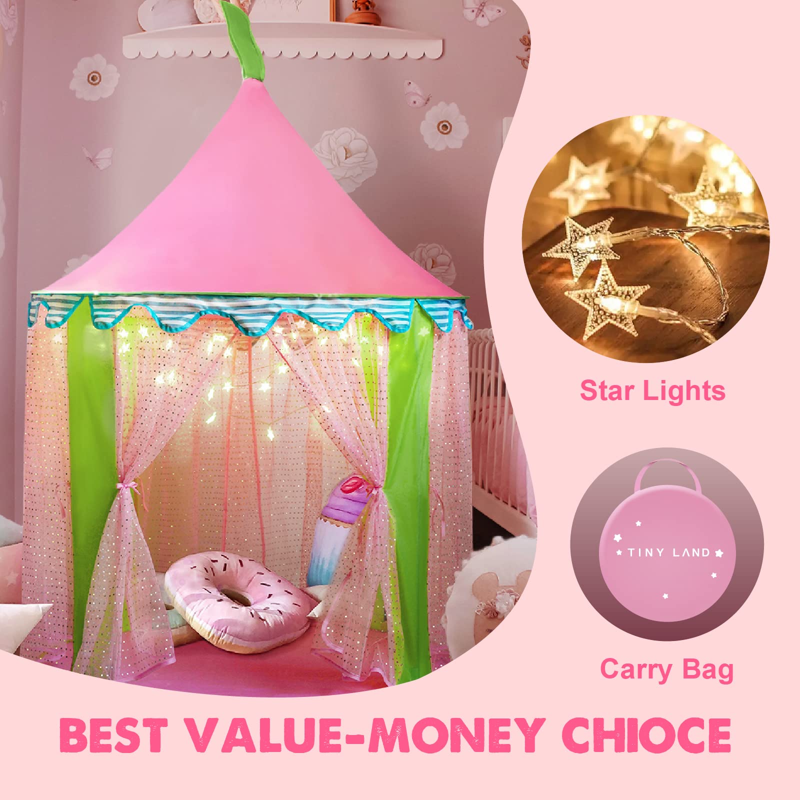 Tiny Land Princess-Tent with Star Lights & Carry Case, Pop Up Play-Tent, Princess Castle Indoor Playhouse, Foldable Kids Play Tent Outdoor, Toddler-Tent for Girls