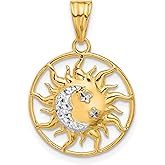 14k Two-Tone Yellow and Rhodium Gold Sun and Moon Pendant for Women with Diamond-Cut Celestial Design, Symbolic Balance and Harmony Charm, Spiritual Astrology Jewelry, Cosmic Lunar Necklace