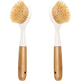 2 Pack Kitchen Dish Brush Bamboo Handle Dish Scrubber Built-in Scraper | Scrub Brush for Pans, Pots, Kitchen Sink Cleaning, Dishwashing and Cleaning Brushes are Perfect Cleaning Tools, White