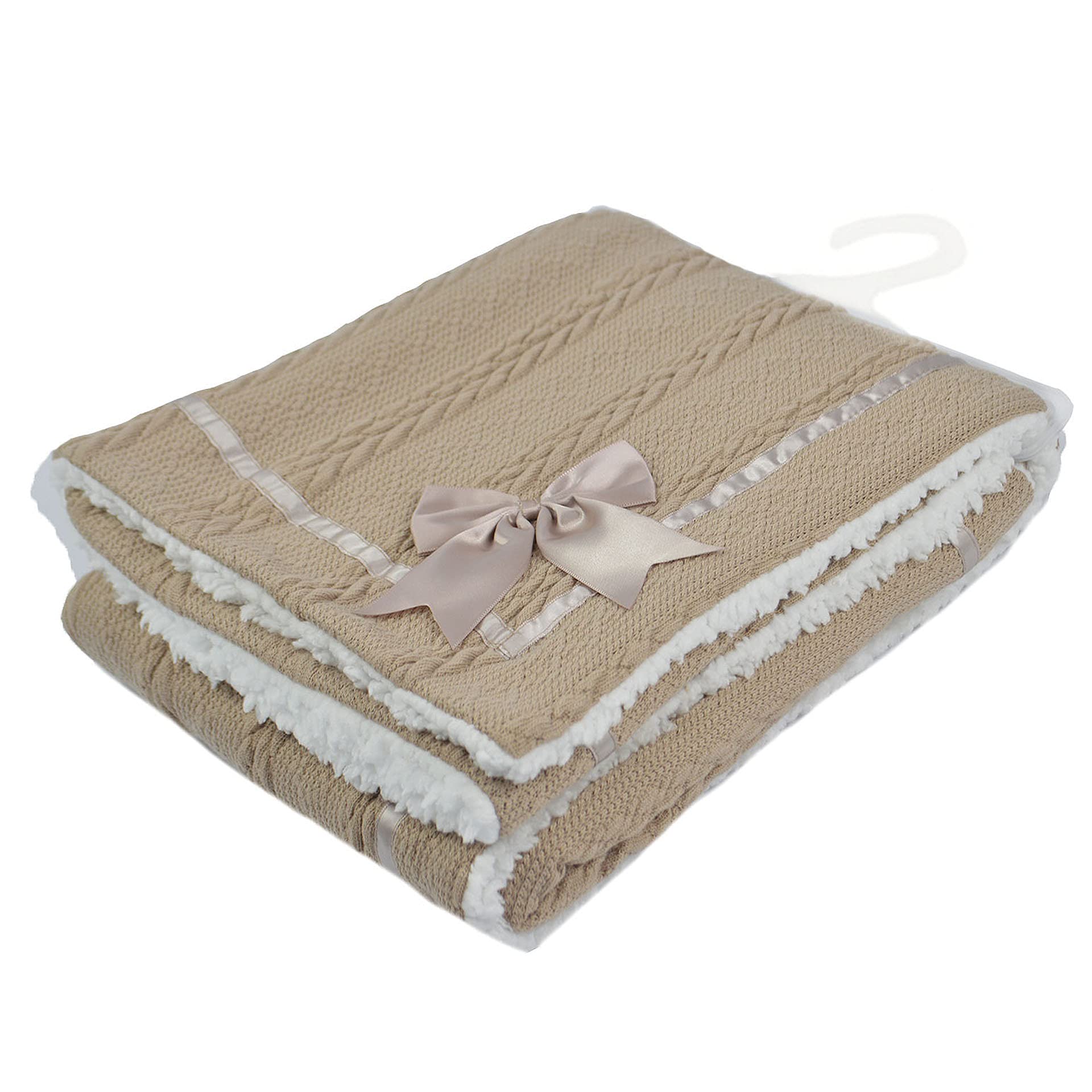 Soft Touch Chevron Cable Knit Baby Blanket Wrap with Bow and Super Soft Sherpa Back (Coffee)