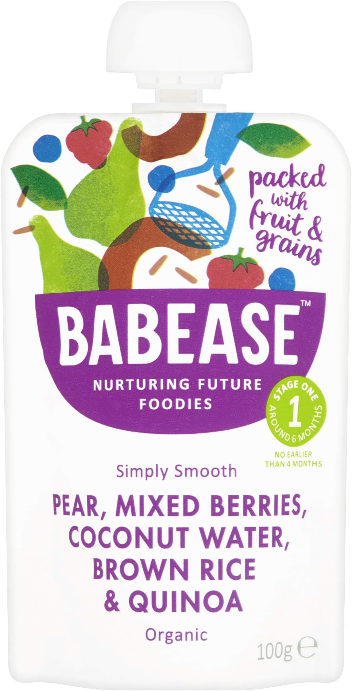 Babease Pear, Mixed Berries, Coconut Water, Brown Rice & Quinoa, 100g